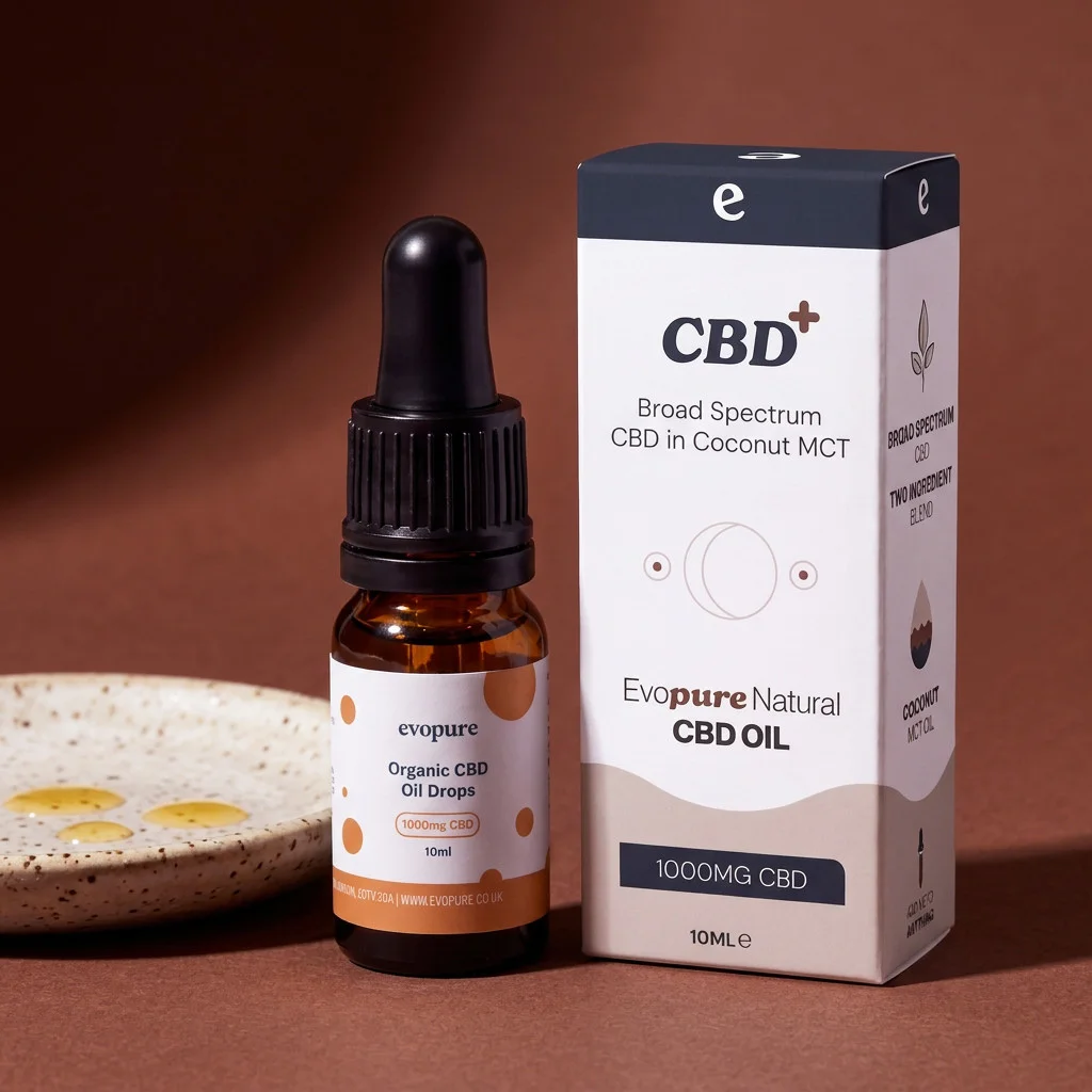 Evopure CBD+ broad spectrum CBD oil in coconut MCT, bottle and box
