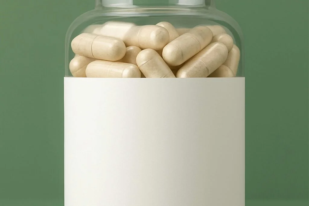 Clear jar of beige supplement capsules with a blank label