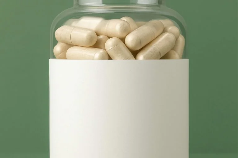 Clear jar of beige supplement capsules with a blank label