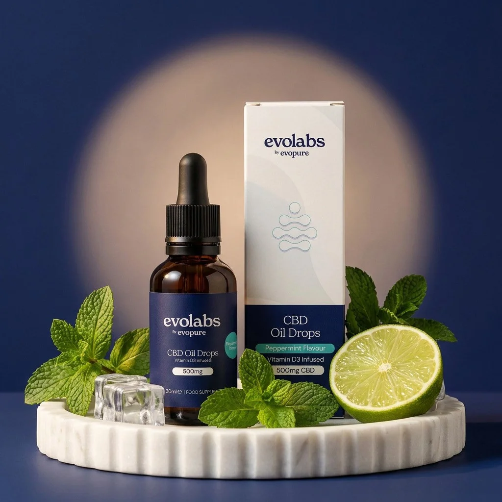 Evolabs Peppermint CBD Oil Drops with vitamin D3 beside mint leaves and lime