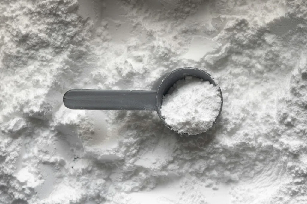 Scoop of white supplement powder