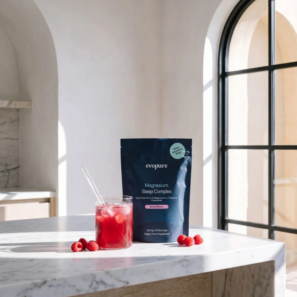 Evopure Magnesium Glycinate Sleep Complex pouch beside an iced berry drink on a kitchen counter