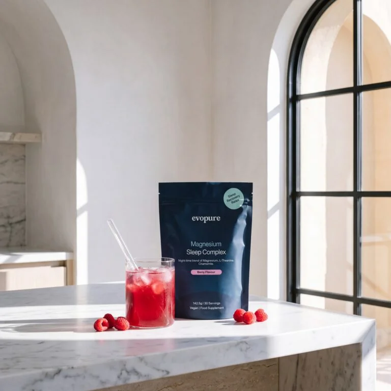 Evopure Magnesium Glycinate Sleep Complex pouch beside an iced berry drink on a kitchen counter