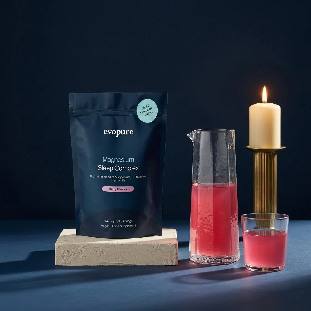 Evopure Magnesium Sleep Complex pouch with a berry bedtime drink and a candle