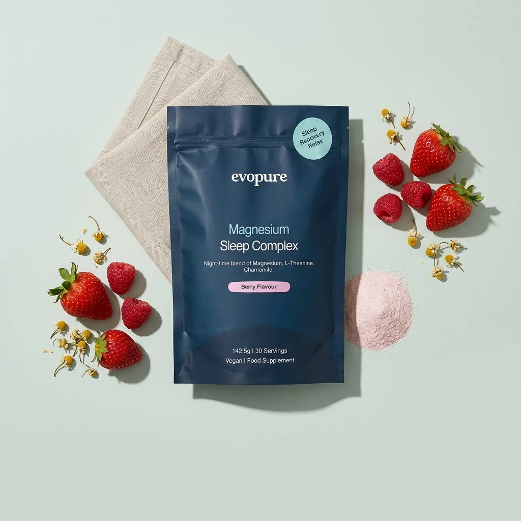 Evopure Magnesium Glycinate Sleep Complex pouch with strawberries and chamomile