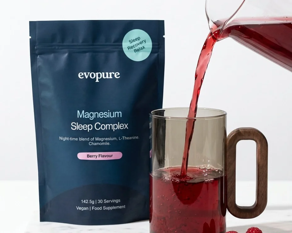 Evopure Magnesium Sleep Complex pouch beside a glass of the berry magnesium drink being poured