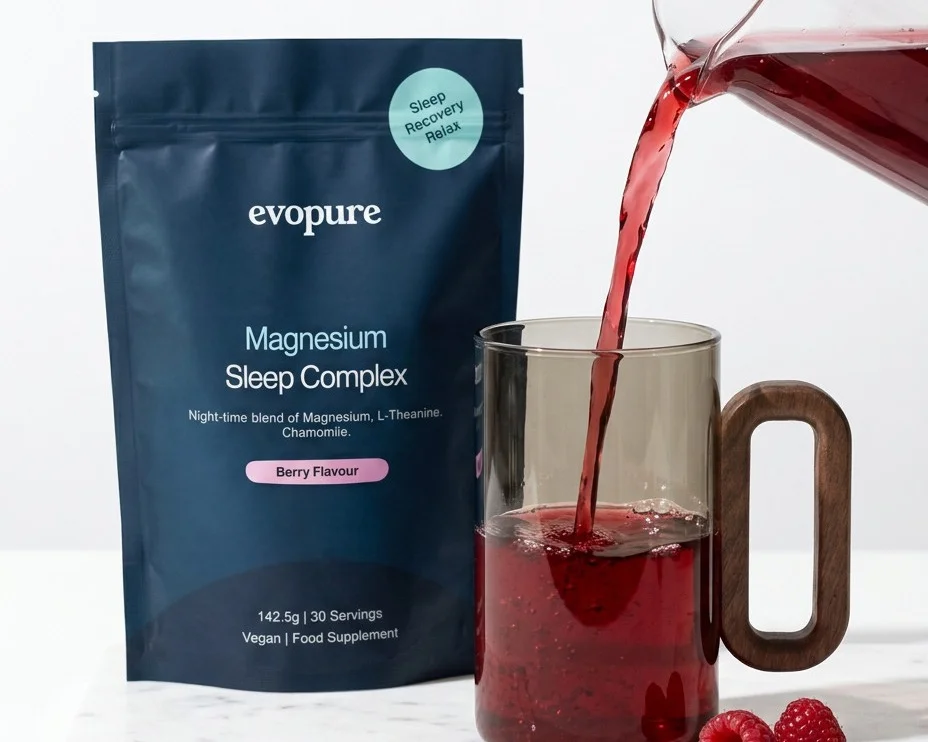 A berry magnesium drink being poured beside a pouch of Evopure Magnesium Sleep Complex and fresh raspberries