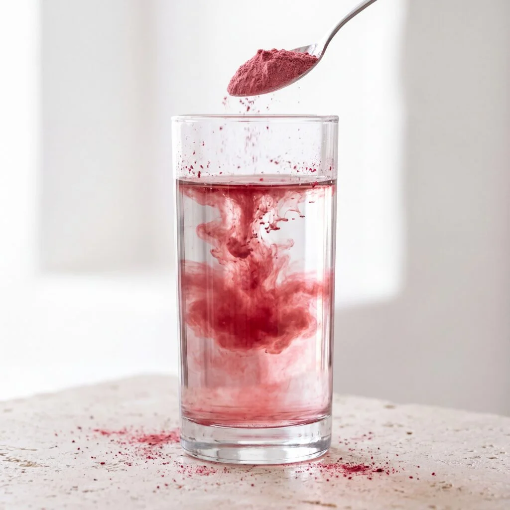 Berry magnesium powder dissolving in a glass of water