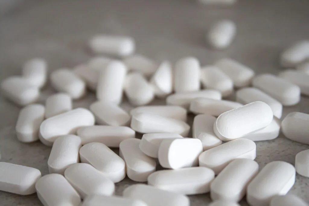 White mineral supplement tablets on a table