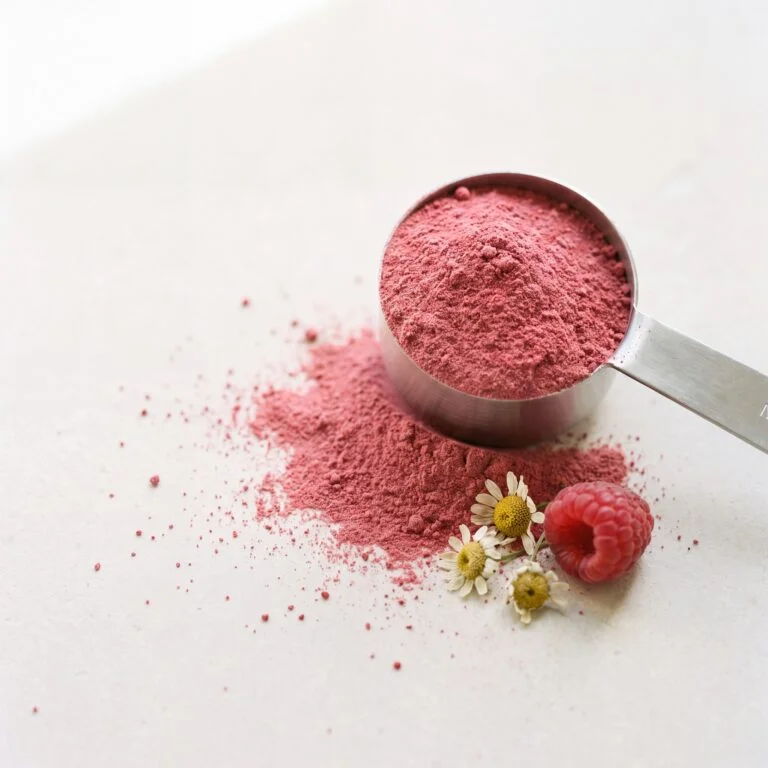 A scoop of berry magnesium powder with chamomile flowers and raspberries