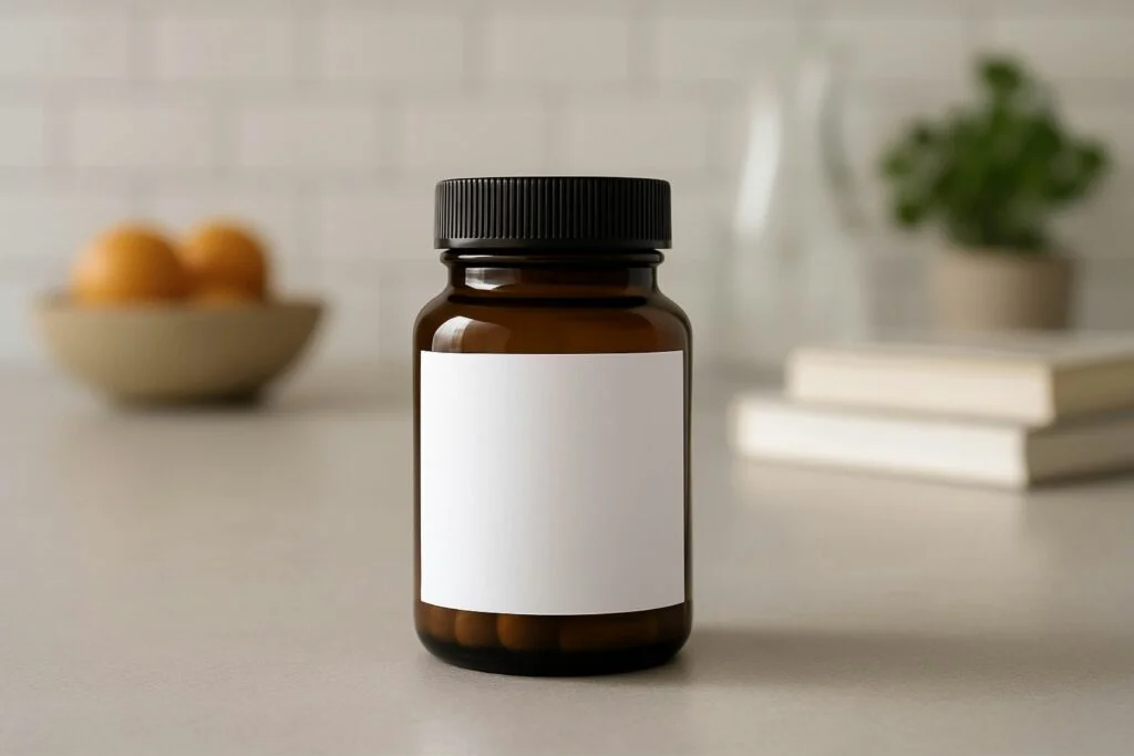 An amber supplement jar on a kitchen worktop