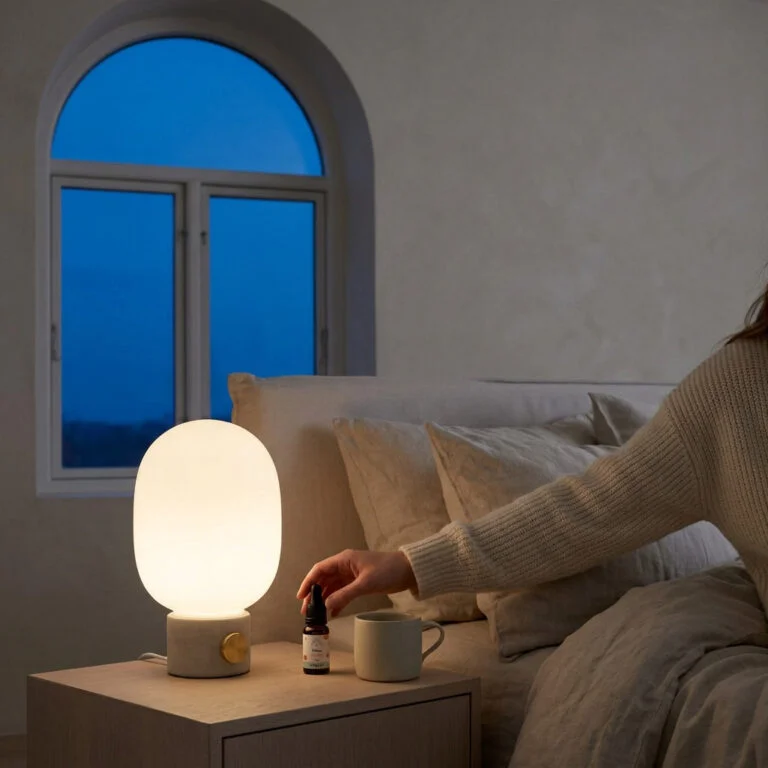 Evopure Sleep CBD oil on a bedside table by a lamp in the evening