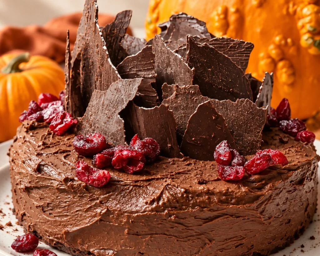 Charlotte's vegan pumpkin chocolate protein cake topped with dark chocolate shards and dried cherries, with pumpkins behind