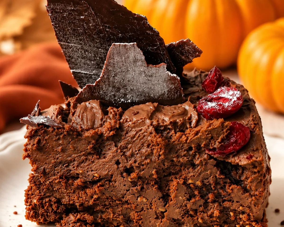 A fudgy slice of vegan pumpkin chocolate protein cake with chocolate frosting, a chocolate shard and dried cherries