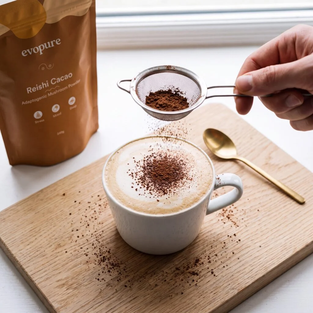 A reishi cacao latte being dusted with cacao powder next to the Evopure reishi pouch