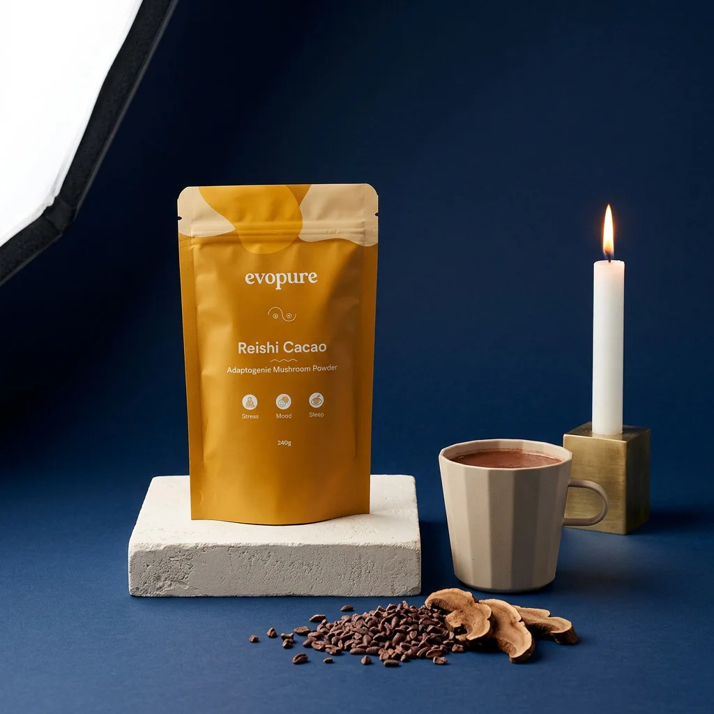 Evopure Reishi Mushroom Adaptogenic Complex pouch with an evening cacao drink and a candle