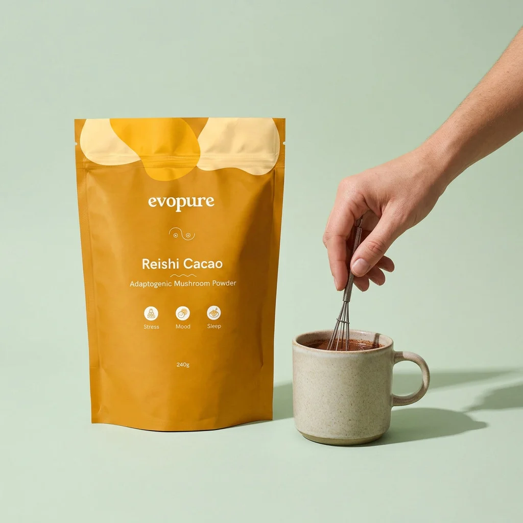 Whisking a reishi cacao drink next to the Evopure reishi pouch