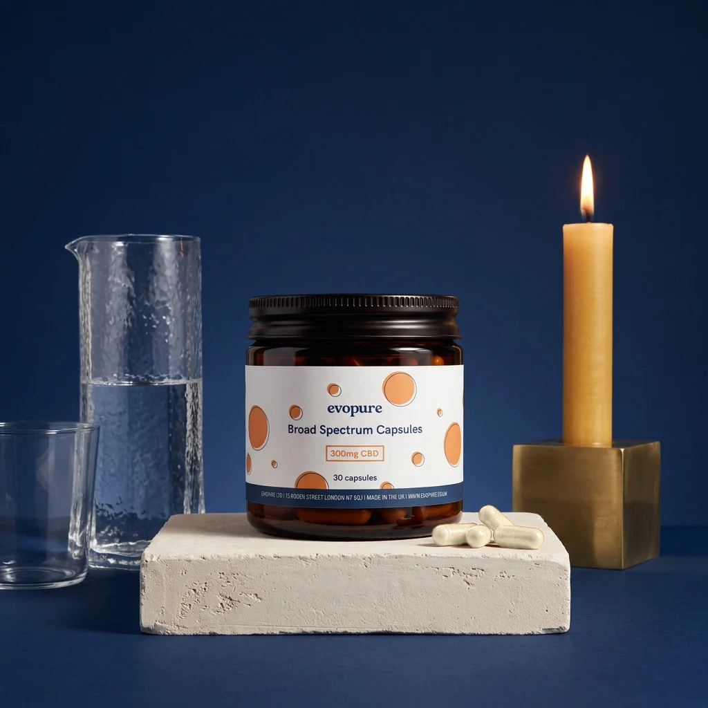 Evopure broad spectrum CBD capsules jar beside a candle at night