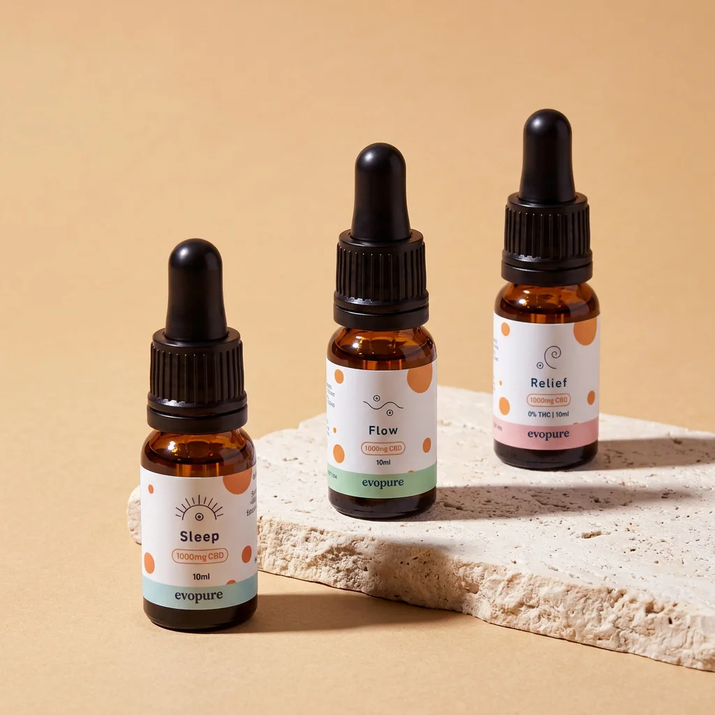 Evopure Sleep, Flow and Relief 1000mg CBD oils on a travertine stone