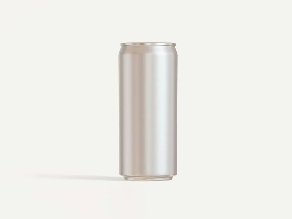 Plain silver drinks can on a light background