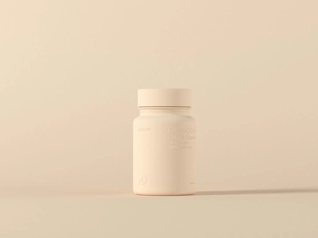 Plain supplement bottle on a beige background