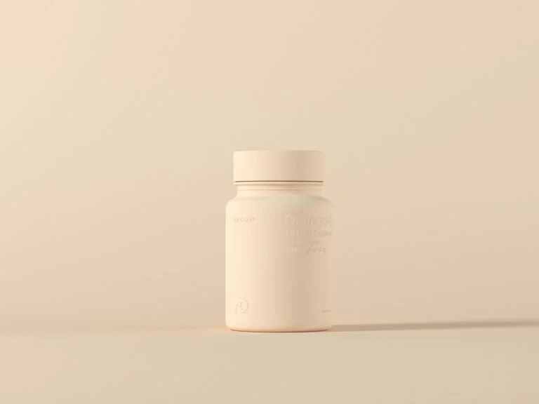 Plain supplement bottle on a beige background