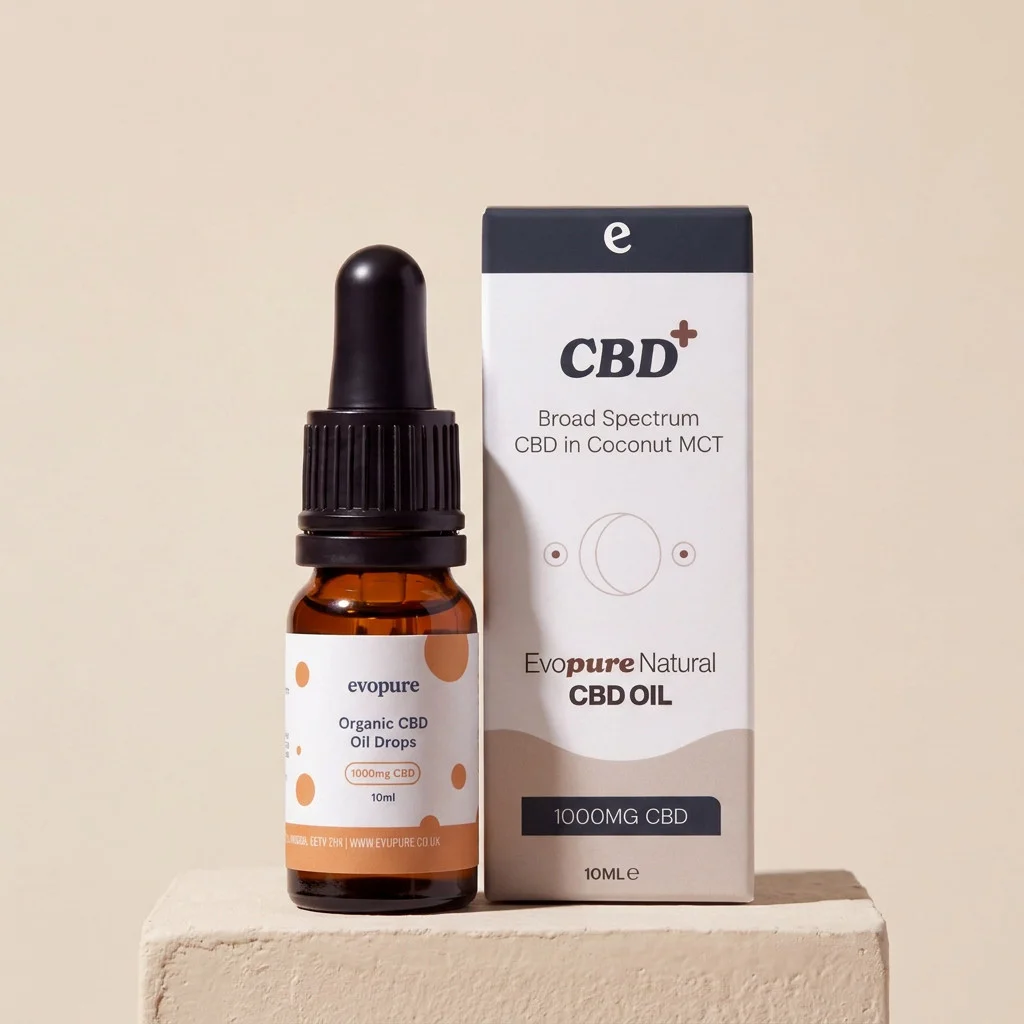Evopure CBD oil bottle beside its navy-band box