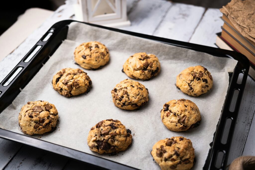 a tray of chocolate cookies on a table