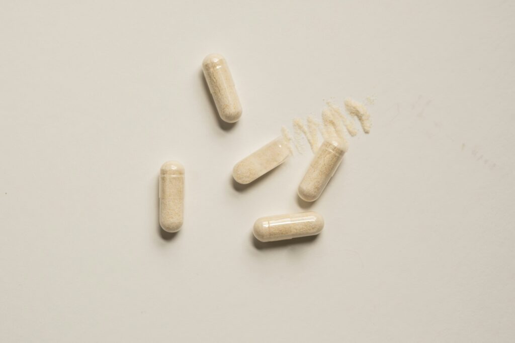 A group of capsules sitting on table