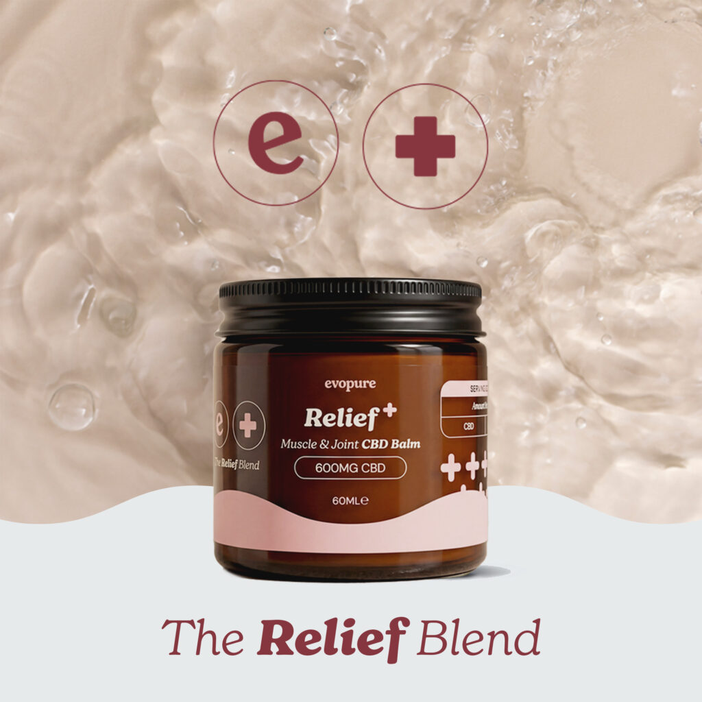 A jar of evopure Relief+ Muscle & Joint CBD Balm (600mg CBD) centered against a stylised background of beige liquid droplets and bubbles, with 'The Relief Blend' branding above.