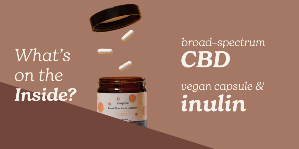 Jar of broad-spectrum CBD vegan capsule & inulin with text on a brown landscape background