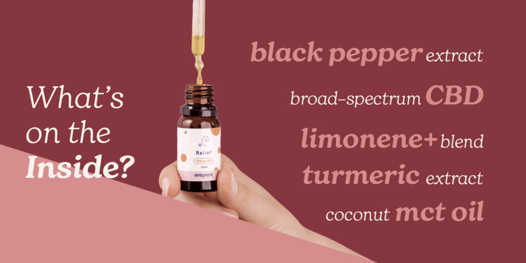 Landscape image detailing the ingredients inside the Relief CBD Oil