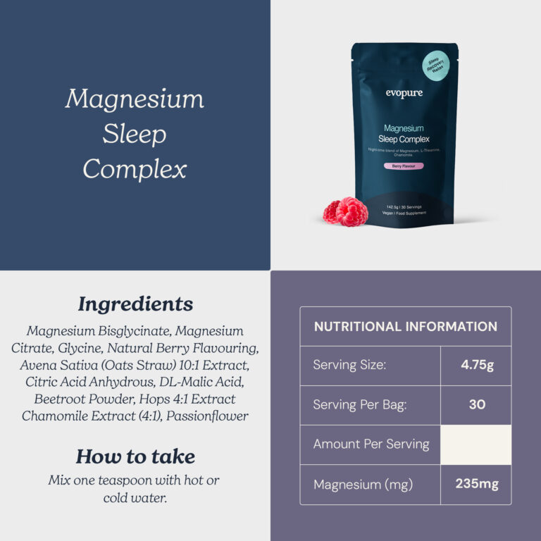 Evopure Magnesium Glycinate Sleep Complex supplement label and information