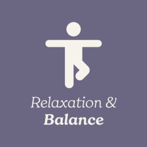 White icon of a person in a yoga pose on a purple background with 'Relaxation & Balance' text.