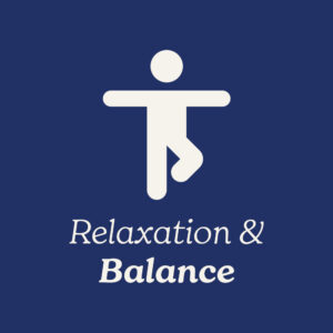 White icon of a person in a relaxed pose with 'Relaxation & Balance' text on a blue background