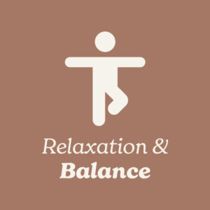 White icon of a person in a relaxed pose on a Mocha background with 'Relaxation & Balance' text.