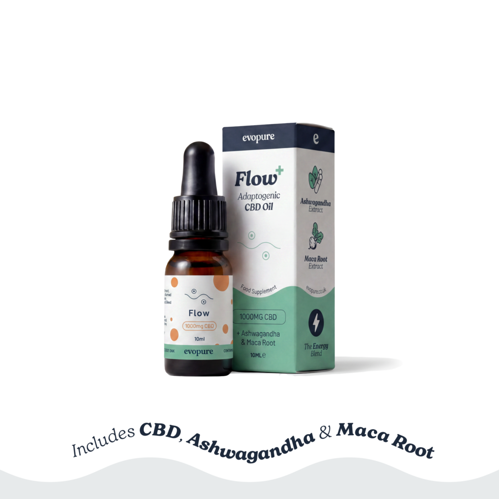 Evopure Flow CBD oil with Ashwagandha & Maca Root in a dropper bottle and packaging on a white background and grey brand curve