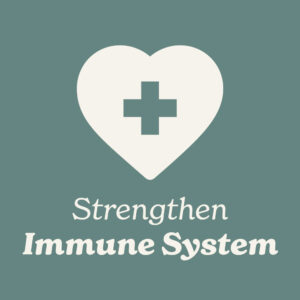 Heart Icon with a cross inside on a teal background, accompanied by text 'Strengthen Immune System'.