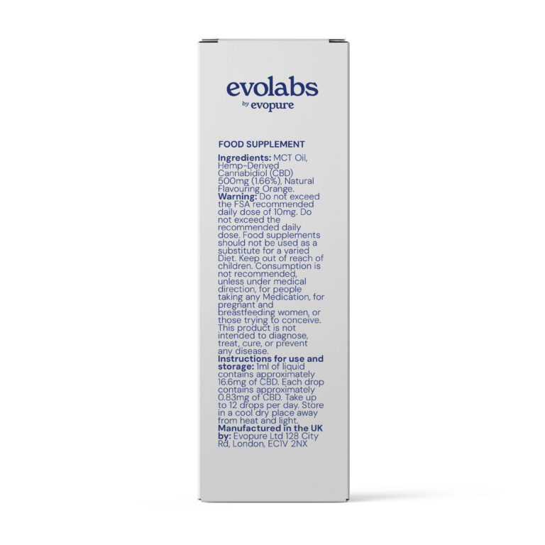 Evolabs Orange CBD Oil 500mg label information