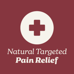Relief Icon with Text 'Natural targeted pain relief' on a ruby background