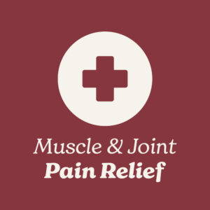 Icon for muscle and joint pain relief with a red cross on a ruby background