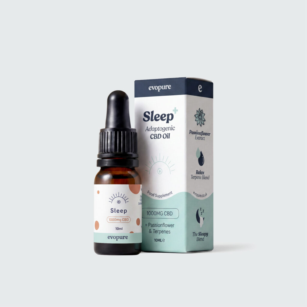 Evopure Sleep CBD oil with passionflower in dropper bottle and packaging on a white background