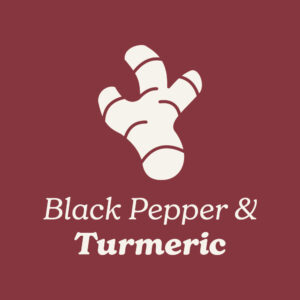 Icon of Black Pepper & Turmeric with a white Turmeric root icon on a Ruby background