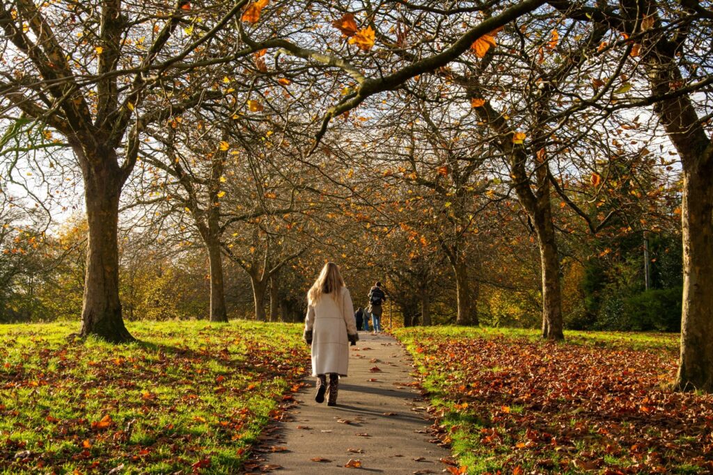 A woman walking along a tree-lined park path covered in autumn leaves